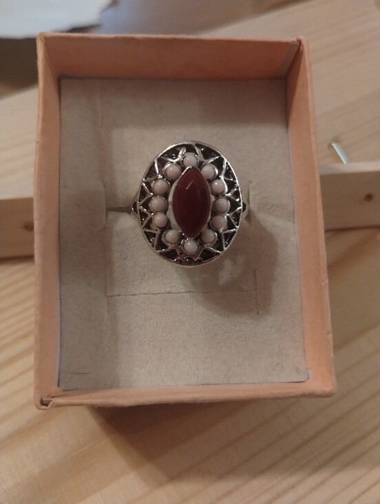 Jewelry - Red Marquise Statement Ring Vintage Silver Tone Boho Ring Size 8.5